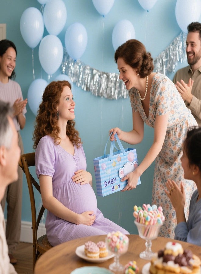 جوهاوس حقيبة هدايا للمواليد الذكور من جوهاوس، حقائب هدايا زرقاء مقاس 13 بوصة مع شريط مناديل ورقية وبطاقة تهنئة لحفل استقبال المولود الجديد أو عيد ميلاده الأول أو حفل الكشف عن جنس المولود - Image 2